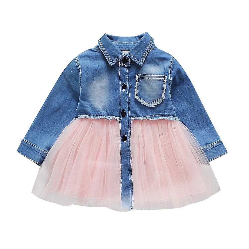 韓国風の子供の女の子は、ファッショナブルな赤ちゃんの女の子のデニムトップとメッシュドレススーツ(18-24M)をドレスドレス