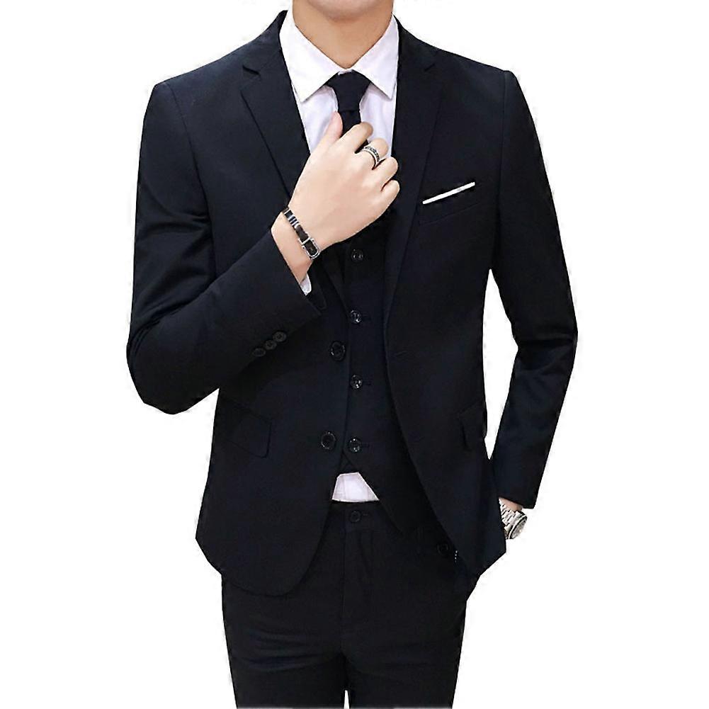 3pcs Uomini di Modo Tinta Unita Vestito Formale Abbigliamento Giacca Da Affari Pantaloni Gilet Set (Nero L)