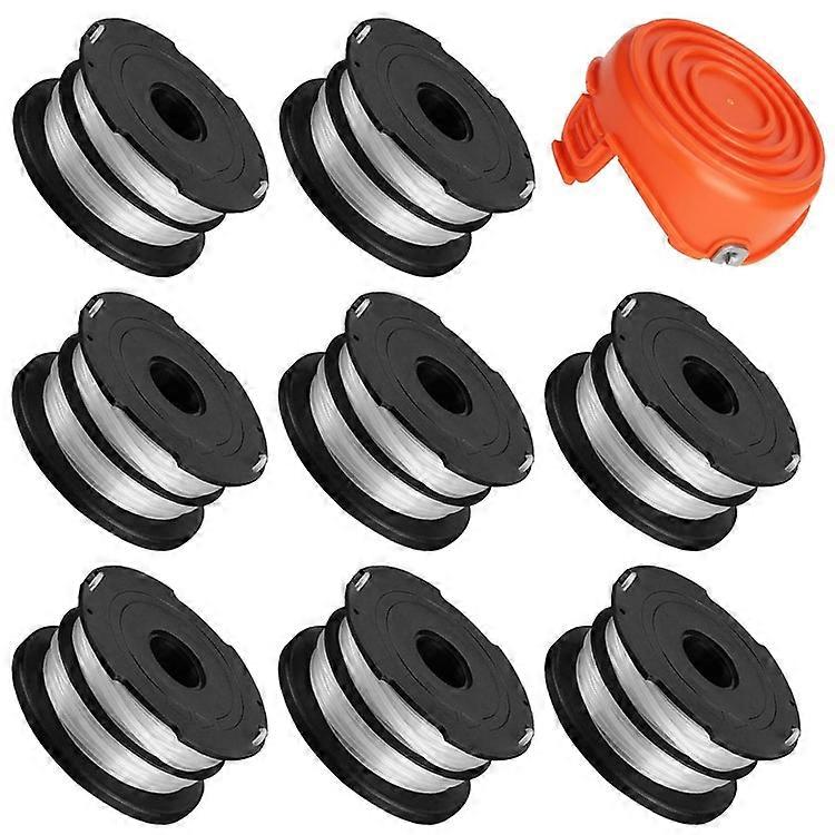 8 Replacement Spool + 1 Spool Cap Compatible For Black & Decker GH750 / GH710 / GH700 Lawn Mower, DF-065-BKP / RC-065-P&905171