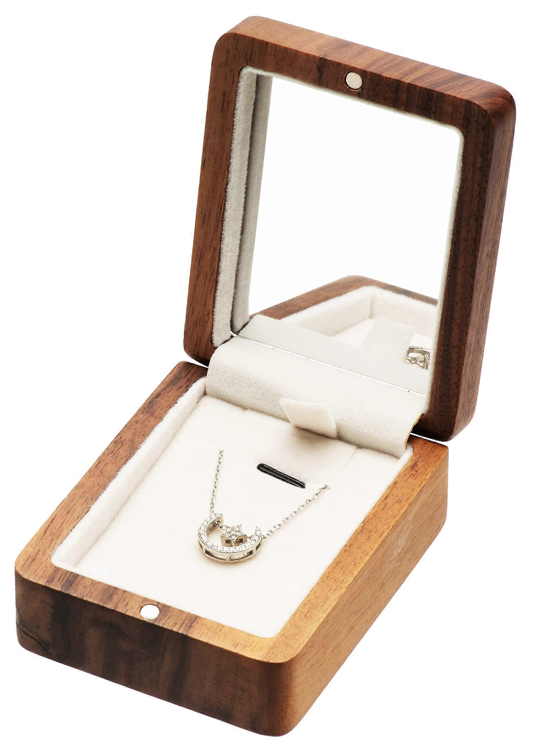 Vintage Walnut Wood Necklace Box with Mirror - Jewelry Display Case for Pendants, Ideal for Gifting and Storage