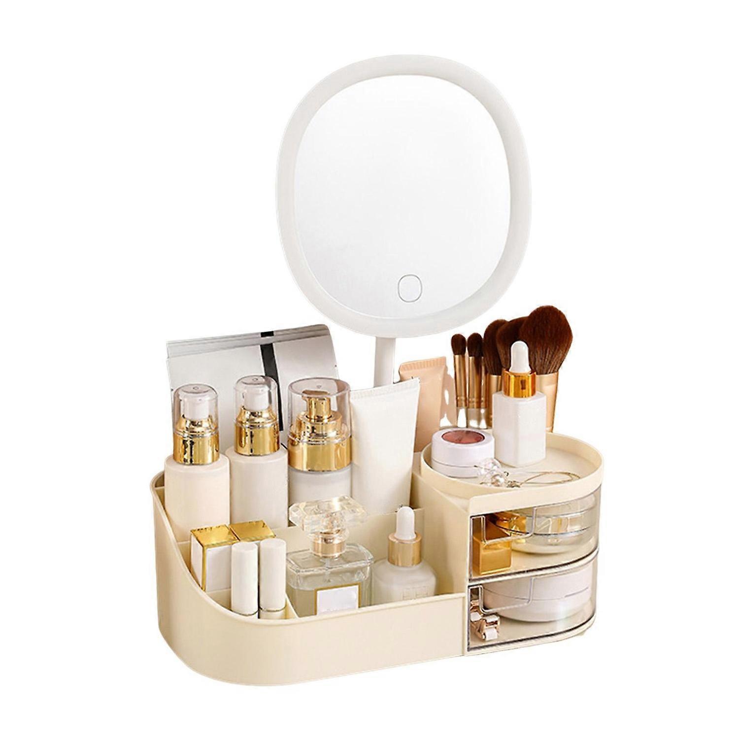 Makeup Storage Box Organizer with LED Mirror Large Capacity Multiple Compartments Makeup Brush