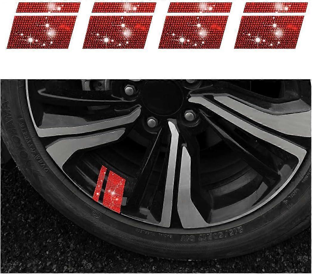 4 PCS Wheel Rim Decal Stripes Car Decals, Vehicle Crystal Rhinestones Reflective Tire Rim Stickers, Auto Wheel Hub Decoration Accessories (Red)