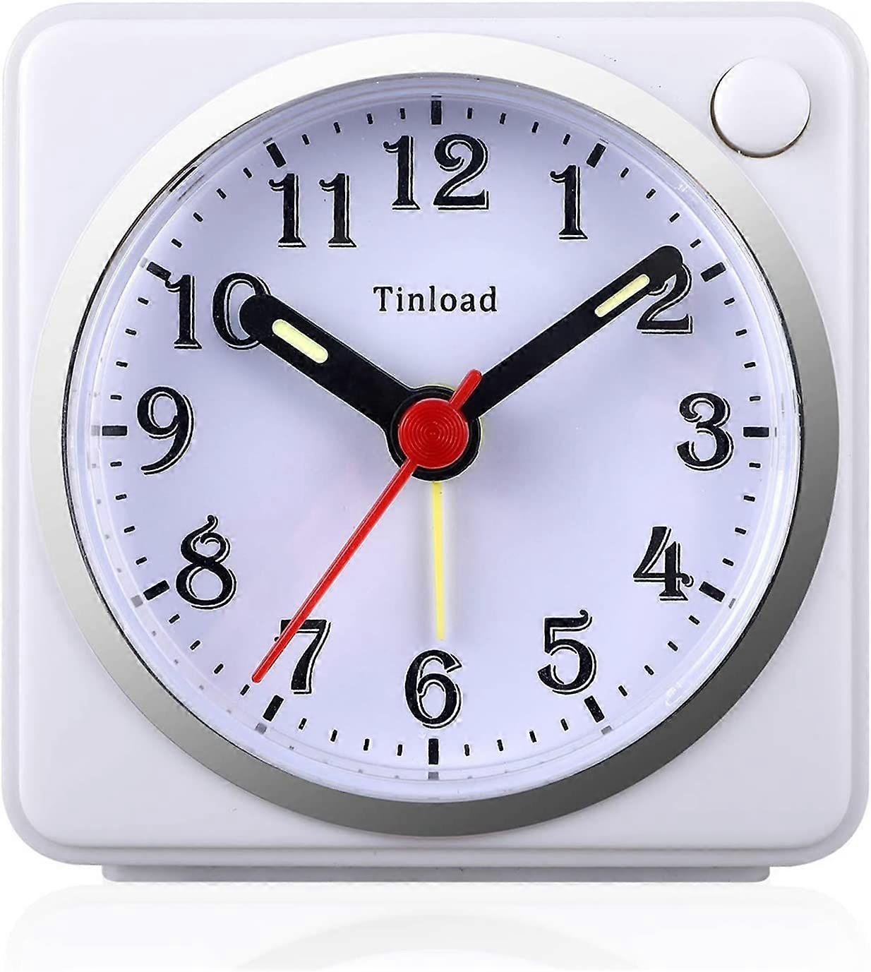 Small Analog Travel Alarm Clock Silent Non Ticking,Snooze,Ascending Beep Sounds, Battery Operated,Light Functions, Easy Set (White)