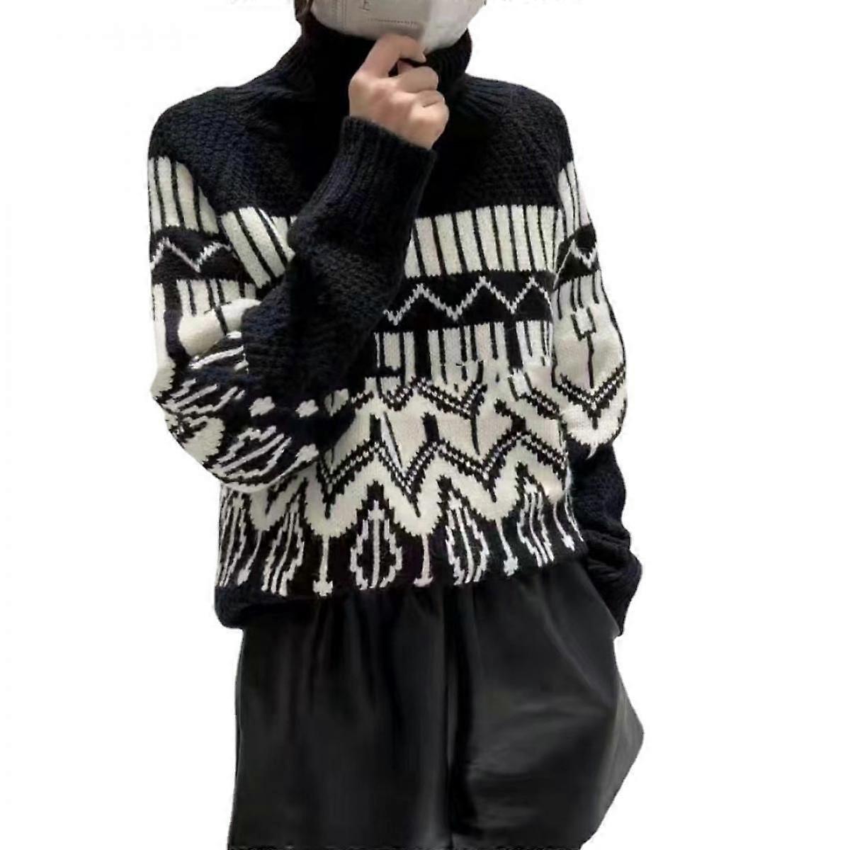 Damen Rollkragenpullover Strickpullover Lange Ärmel Farbblock Patchwork Lose gerippte Pullover Pullover Tops
