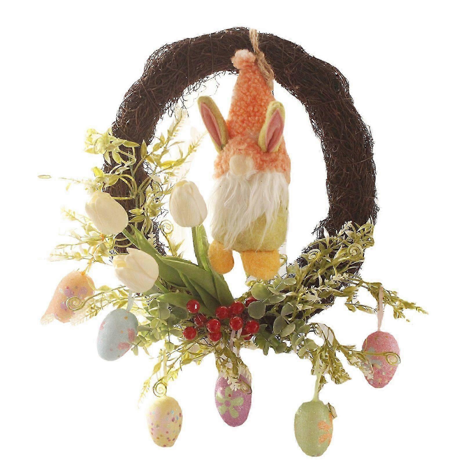 Corona di Pasqua Artificiale Uovo Coniglietto Gnomo Rattan Cornice Ghirlanda Appesa per la Decorazione della Porta d'Ingresso del Festival di Casa Festa Presente