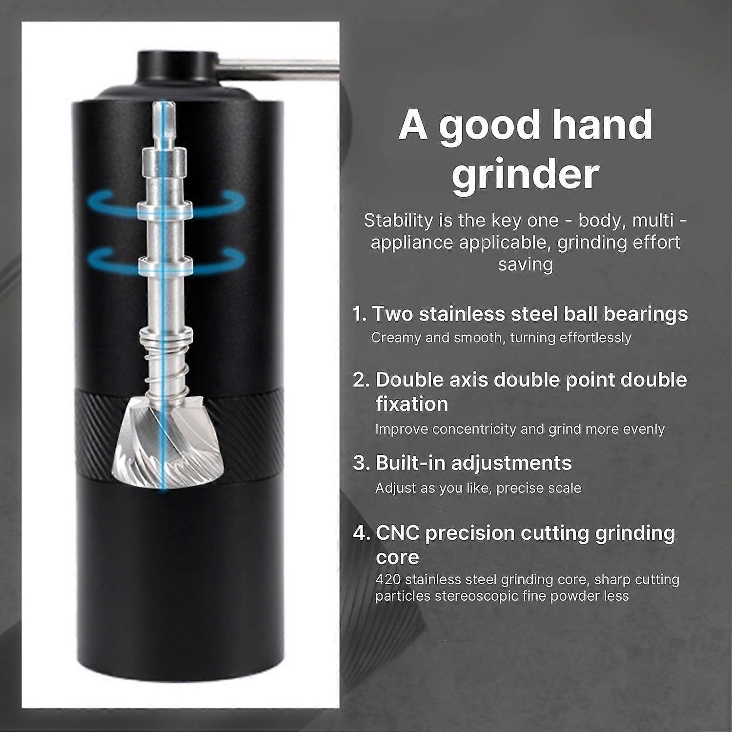 Manual Coffee Bean Grinder with Ergonomic Wood Crank 6 Core Conical Burr Digital Grinding Degree Adj