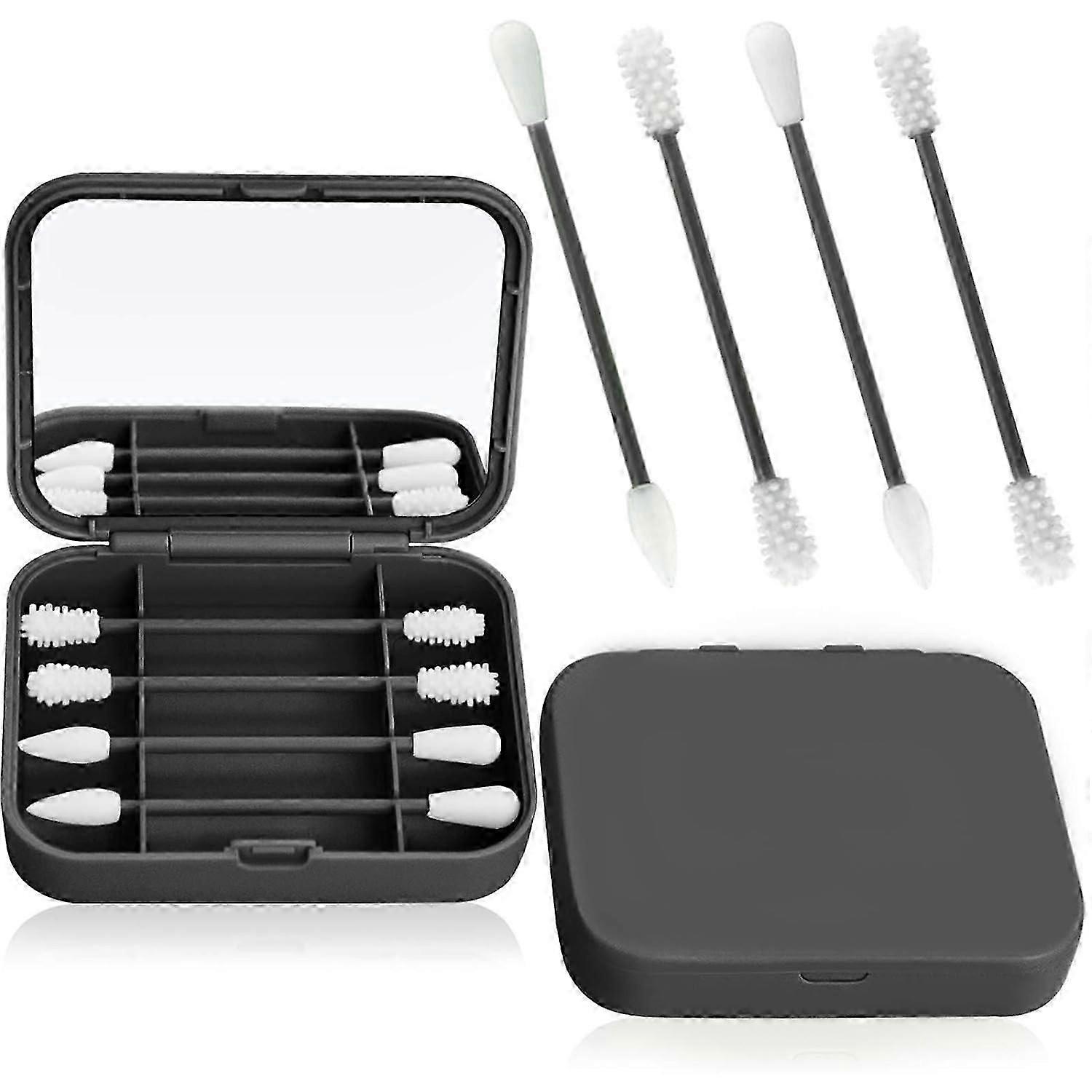 4 Count Reusable Silicone Cotton Swabs Portable Last Swab For Ear Cleaning Makeup For Women, 2 In 1 Cotton Swabs Set With Case And Cosmetic Mirrors