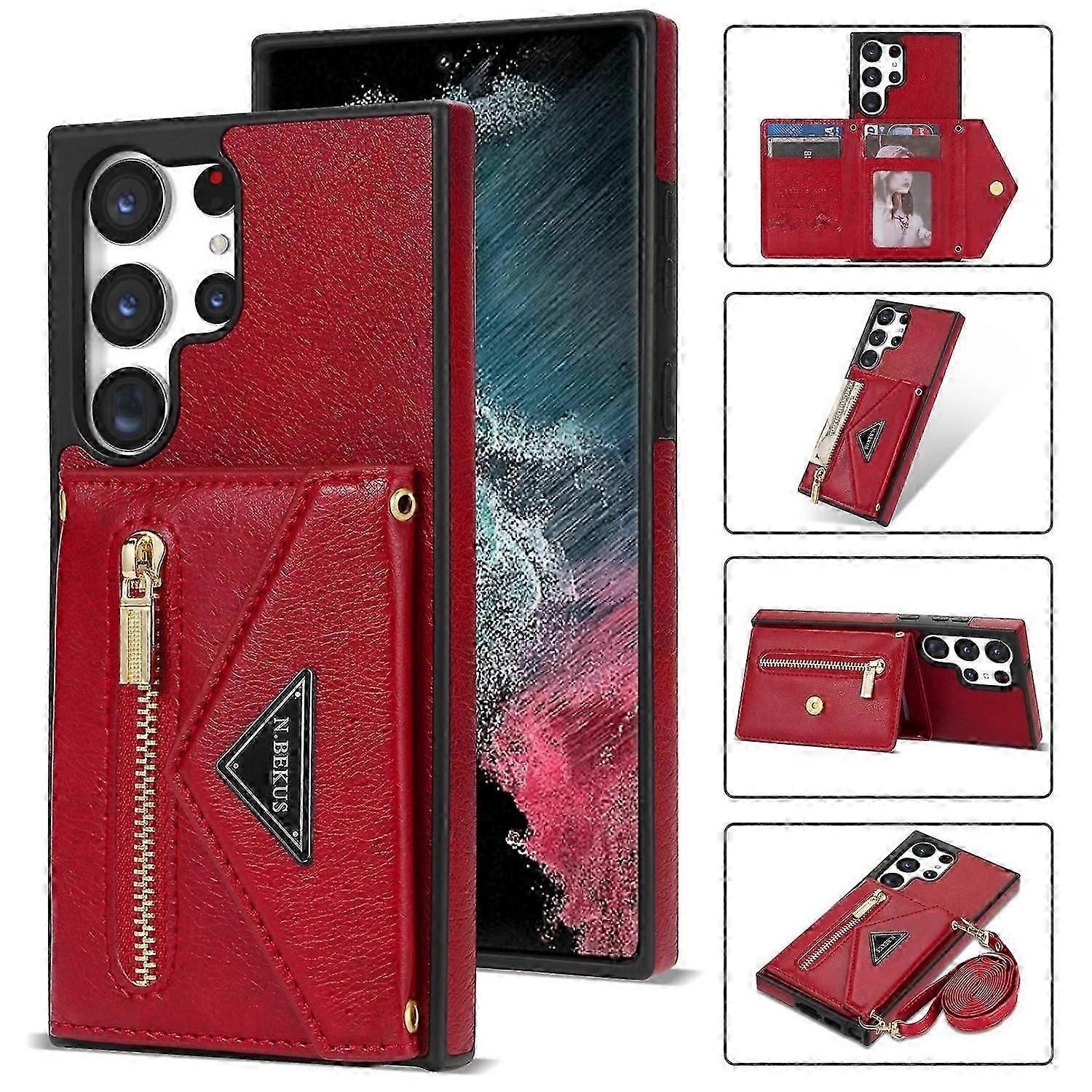 Shibingsheng N.BEKUS For Samsung Galaxy S25 Ultra Leather Zipper Case Card Holder Phone Cover with Shoulder Strap