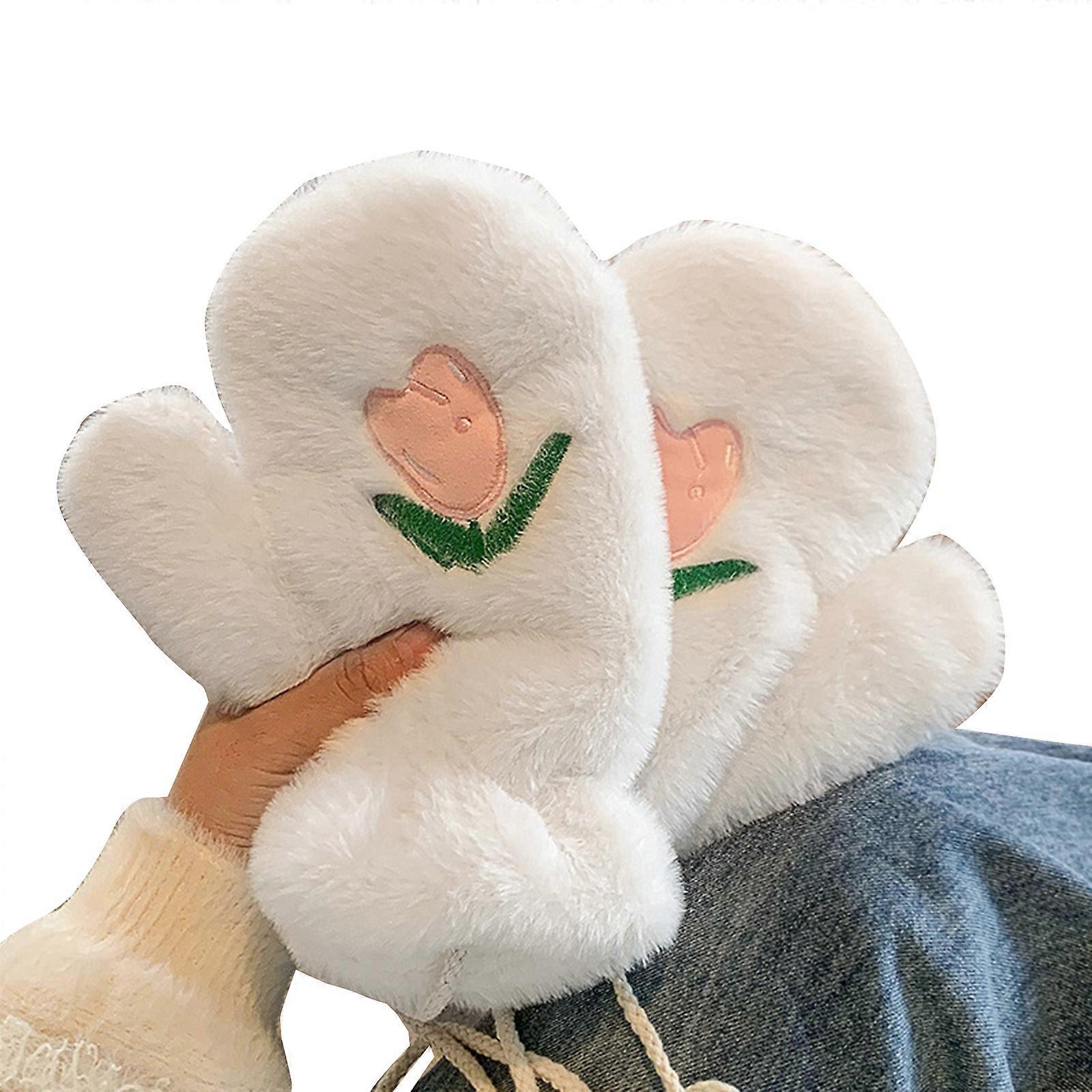 חורף חם נמתח כפפות למבוגרים קטיפה רקמה פרח מלא אצבע כפפות קטיפה כפפות למזג אוויר קר רכיבה על אופניים לבן