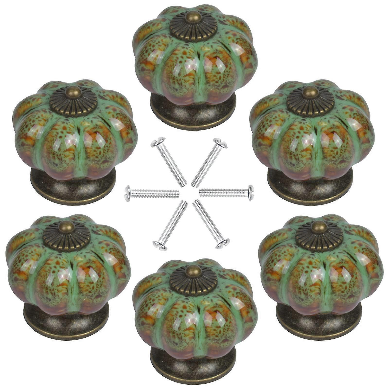Yzfei 6PCS Ceramic Pumpkin Drawer Knobs, Glaze Color Vintage Cupboard Handles and Knobs, Leopard Brass Cabinet Knobs(Gre WBT