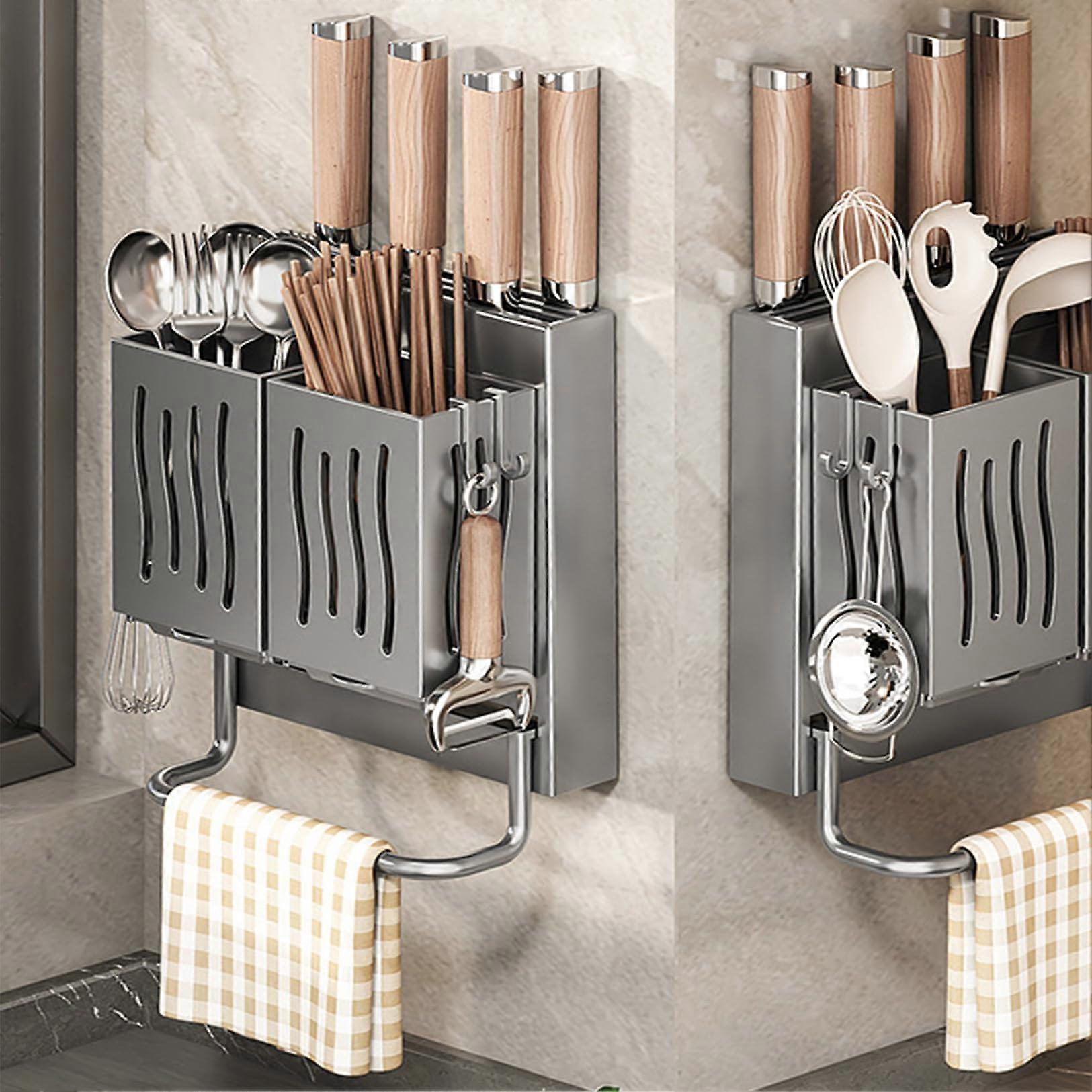 Kitchen Knife Holder Wall Mounted Ventilated Knife Block With Rod Holder Multifunctional Kitchen Storage