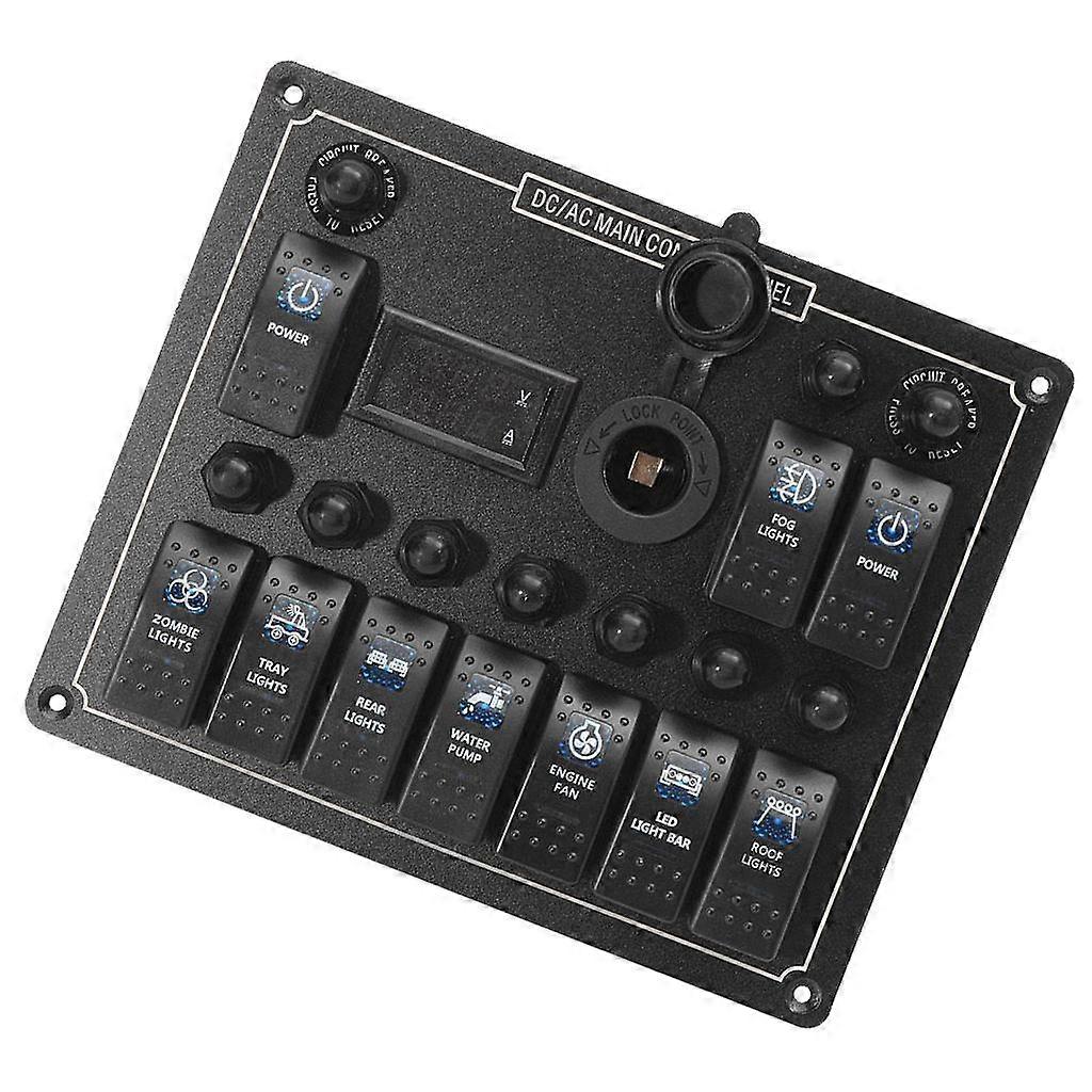 Durable 10 Gang Marine Rocker Switch Panel Current Voltage Meter