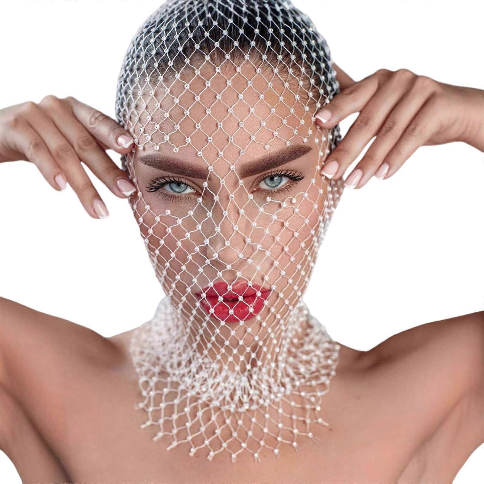 قبعة شبكية مقنعين للمهرجانات والحفلات تصميم مسامي مثالي للارتداء الطويل أسود أنيق كريستال أبيض