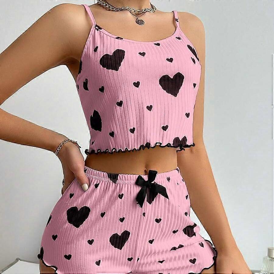 Heart-shaped Printed Sweet Camisole Shorts Pajamas For Women