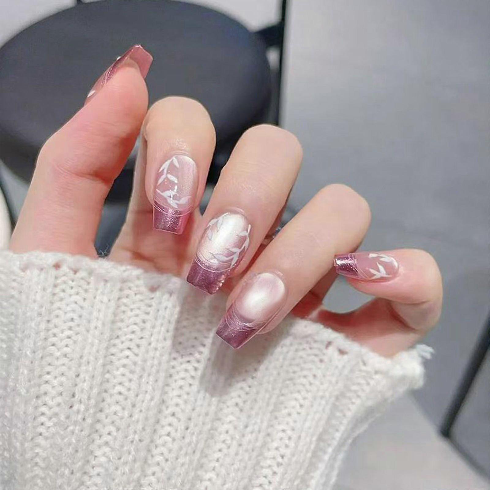 30Pcバレリーナプレスオンネイルフローラルデザインフレンチフェイクネイルアクリル偽のネイル、女性のためのネイルの人工ネイルのり