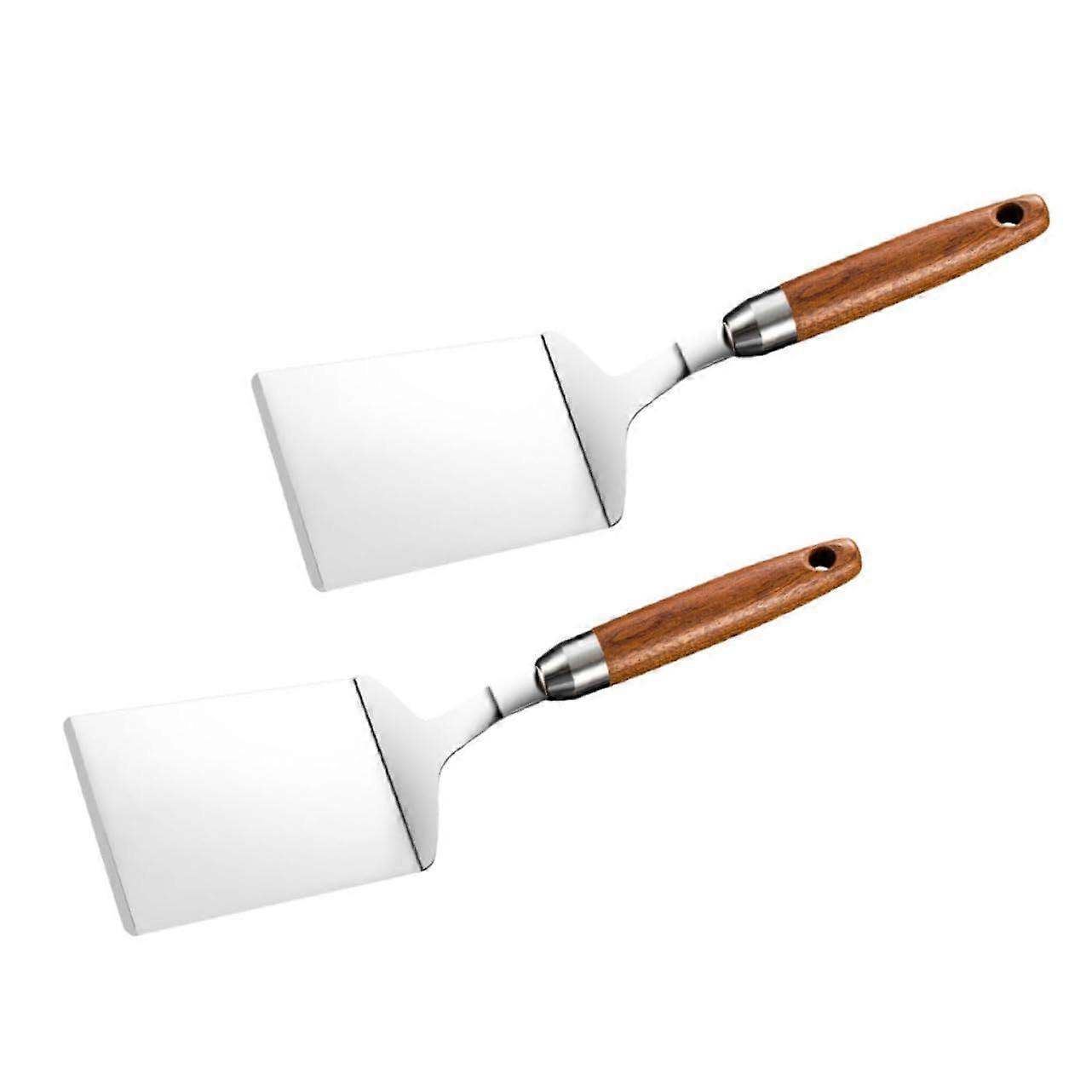 Teppanyaki Spatula 2-Piece Slotted Set - Metal Griddle Turners, Pizza Server, Wooden Handle