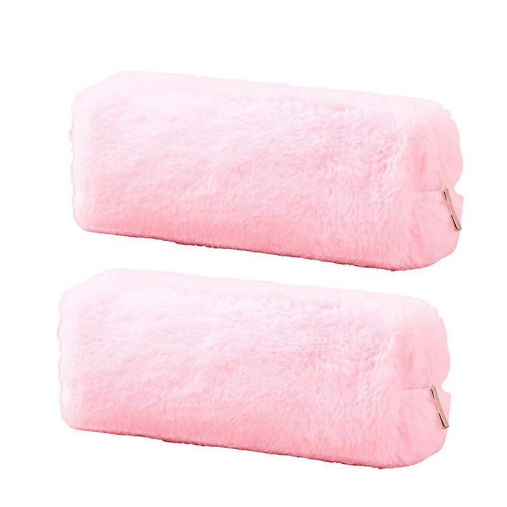 Plush Pencil Case for Stationery Use with Zipper 2Pcs Pink Pouch