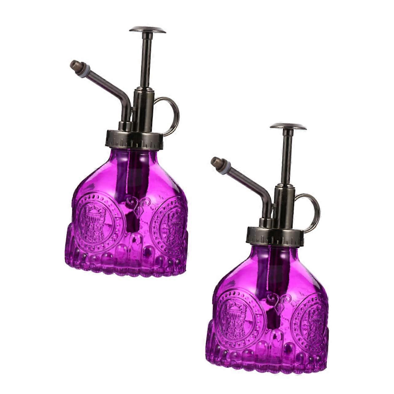 Set of 2 Retro Glass Watering Can Spray Bottles Purple