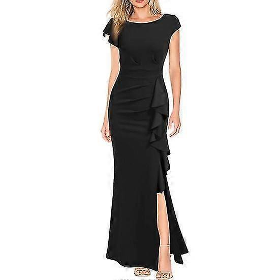 Kadın Yaz O boyun Kısa Kollu Elbise Elbise Yüksek Bel Yan Fırfır Dekor Bölünmüş Hem Slim Fit Kalça Sarılmış Akşam Partisi Elbise