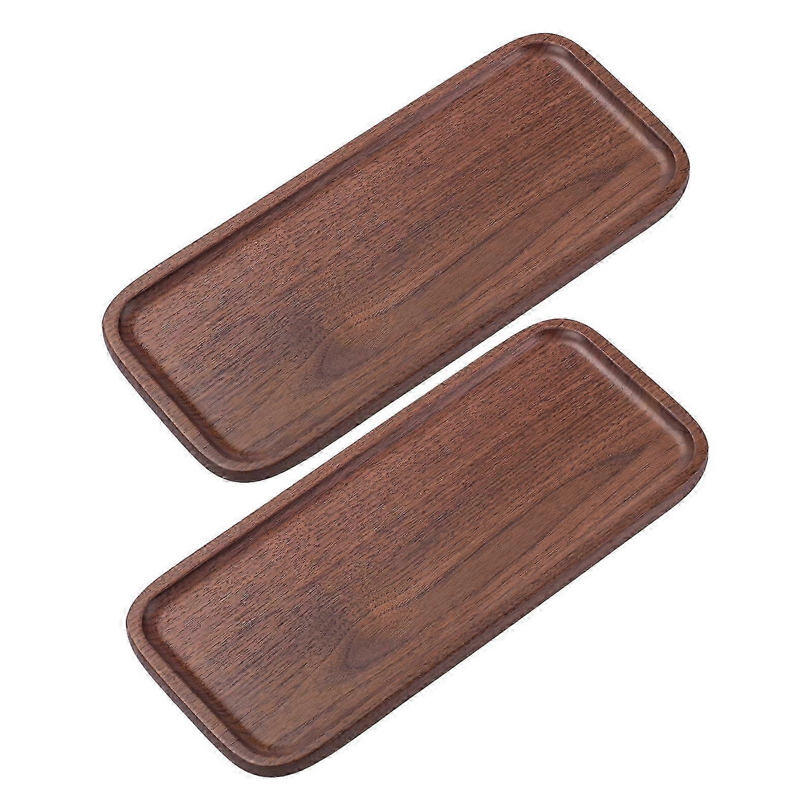 Set of 2 Small Rectangle Wooden Serving Trays for Food, Tea, Coffee, and Decorative Storage, Suitable for Various Uses in Walnut Finish