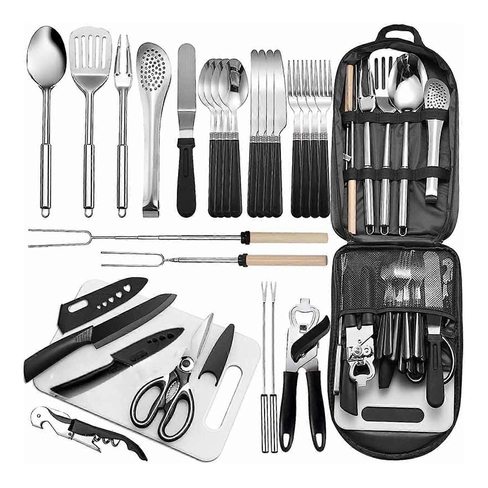Portable 27 Piece Camping Kitchen Utensil Set Mess-Free Cooking for Hiking BBQ Travel Picnics