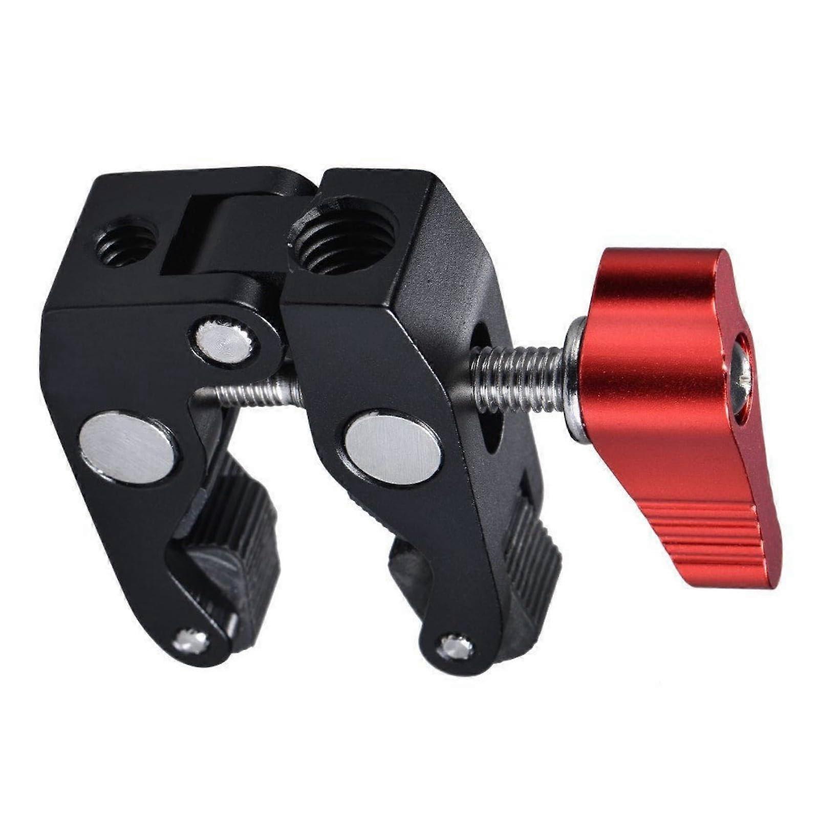 Clamp bracket, metal camera mount with 1/4 and 3/8 screw holes for tripods and stabilizers, color: red.