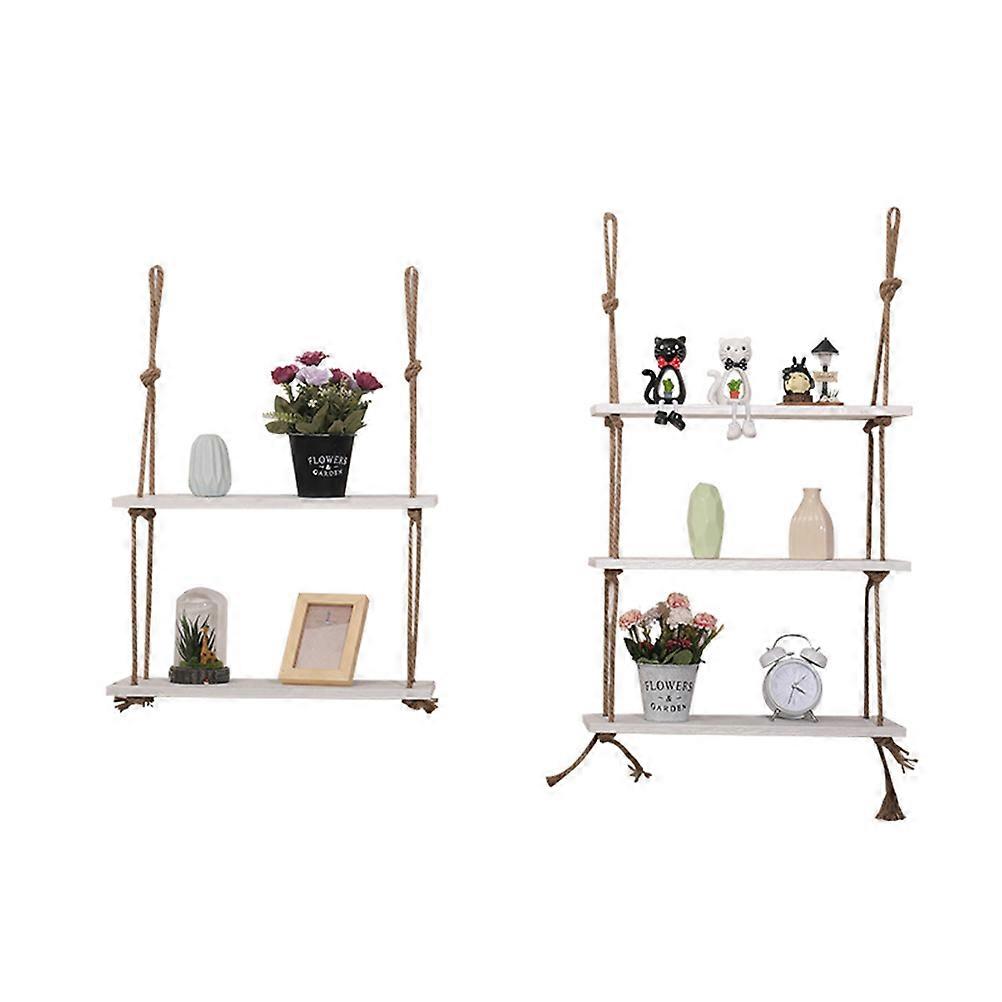 White Wood Hanging Shelf with Jute Rope for Wall Display Rack Simple Design to Store and Organize 1 Tier
