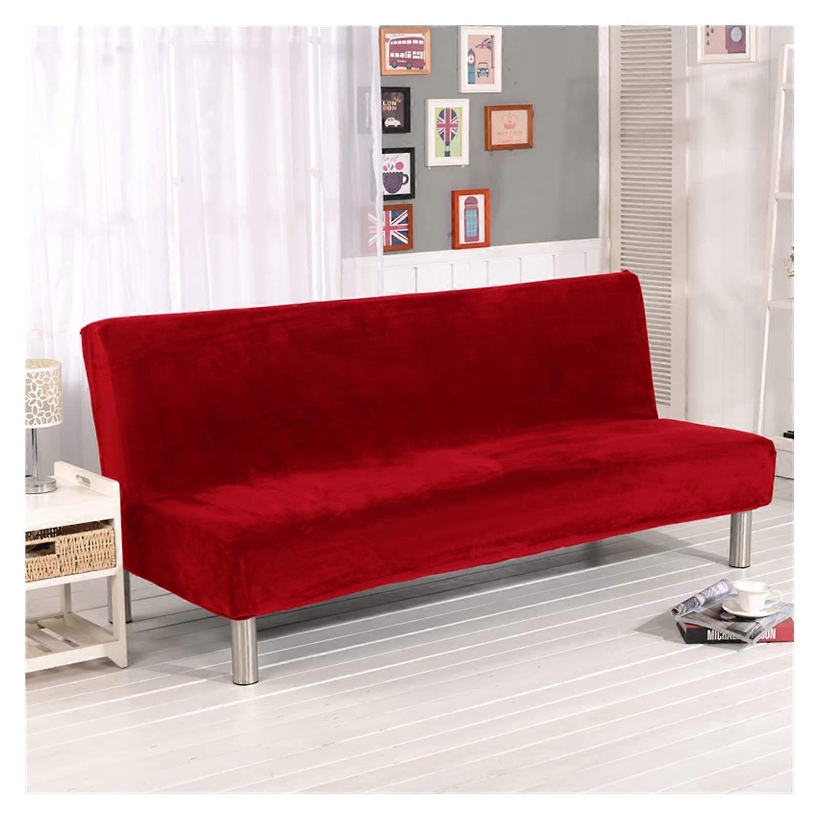 Plush Fabric Armless Sofa Bed Cover Folding Seat Backrest Cover Thick Couch Protector Elastic Futon Cover Red Size S