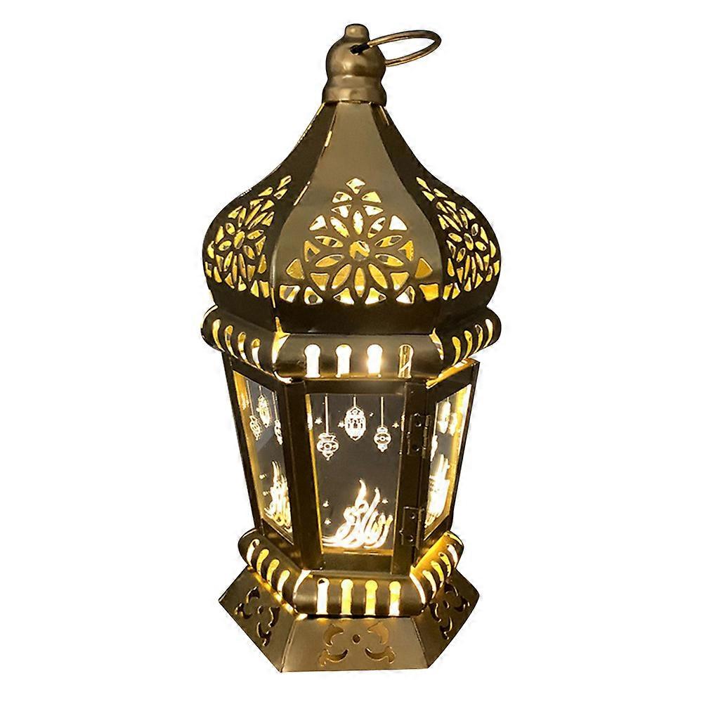 Eid Lights Table Desktop Ornament Portable Metal Led Lantern Golden Material 28x13x13cm 1Pack