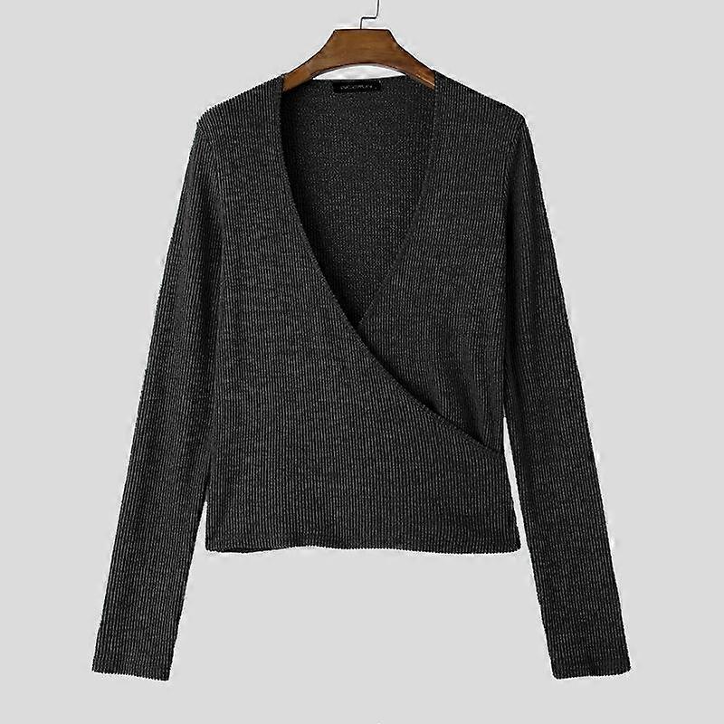 INCERUN Men V Neck Long Sleeve Casual Fitted Tops Texture Rib Undershirts