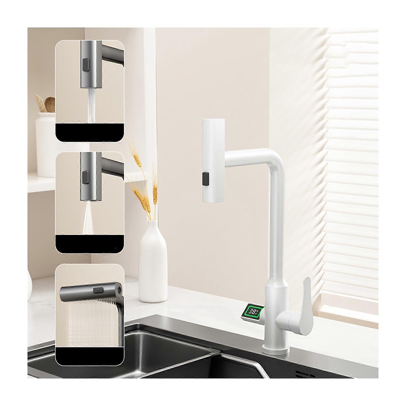 Pullout faucet with retractable spray head, waterfall rain pulldown kitchen faucet, stainless steel, 360° swivel, white.