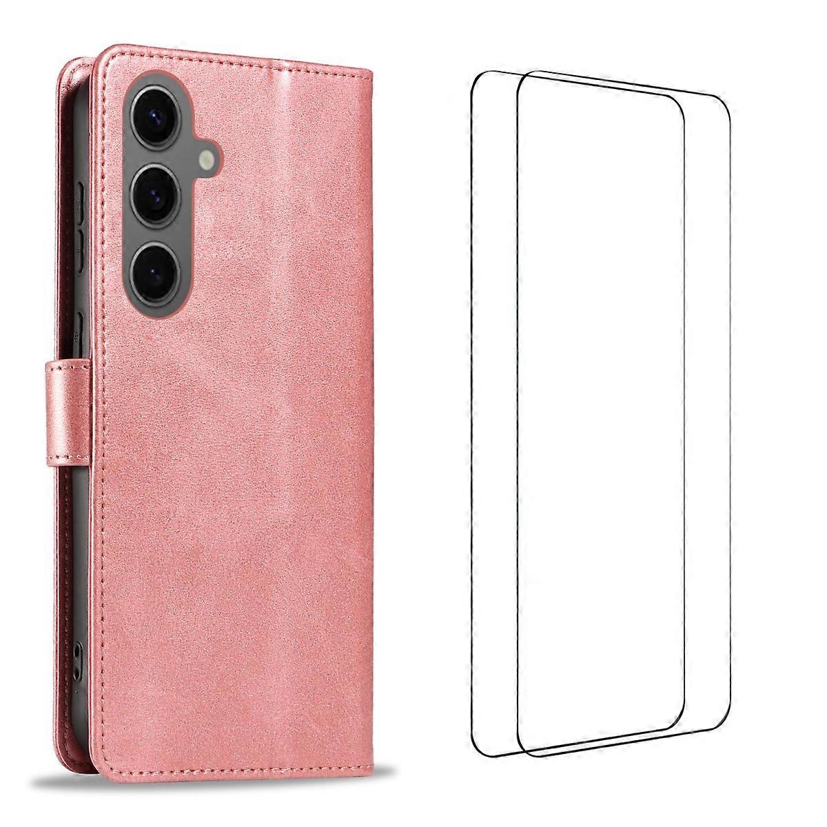 Compatible For Samsung Galaxy S25+ Case with 2Pcs Tempered Glass WANLONFENG WN Series Calf Texture Leather Phone Cover Big Cutouts