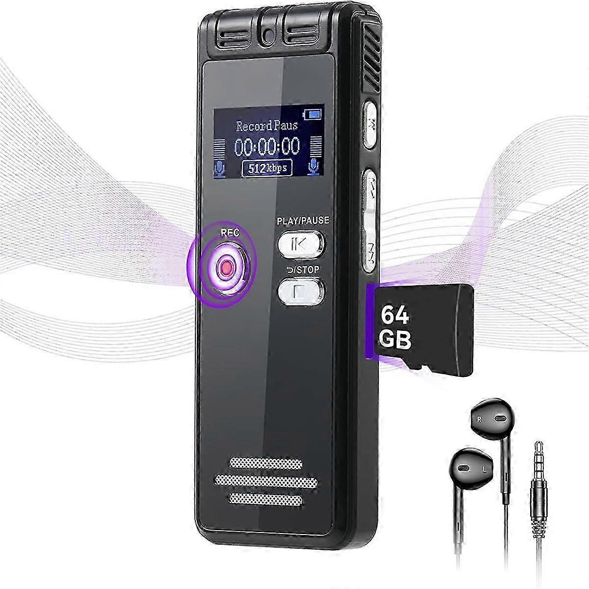 64GB Digital Voice Activated Recorder with Playback - 3072Kpbs HD Dual MIC Tape Recorder for Interviews/Meeting/Classes