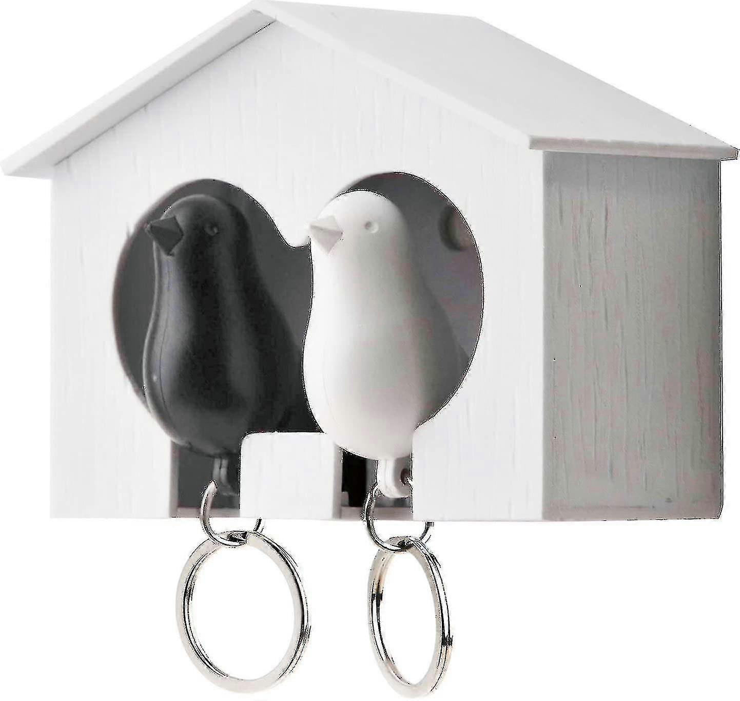 Key Tray with Two Sparrows Design Drum Key Ring Rack - White/Pink