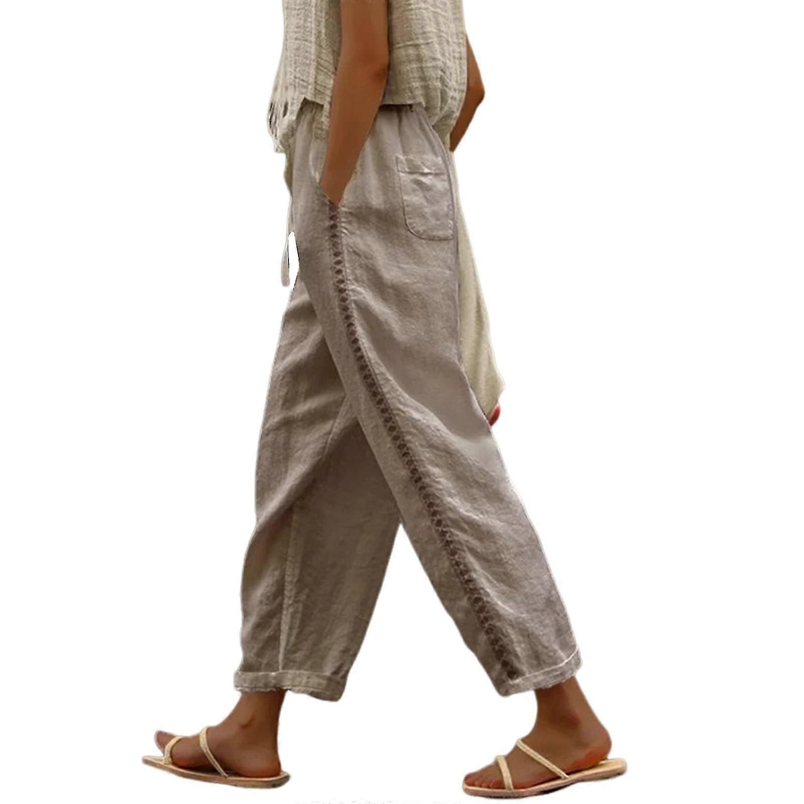Womens Linen Pants: High-Waisted Wide-Leg with Pockets & Drawstring Closure, Casual Loose Trousers in Camel XXL Size, Ideal for Summer or Gifts