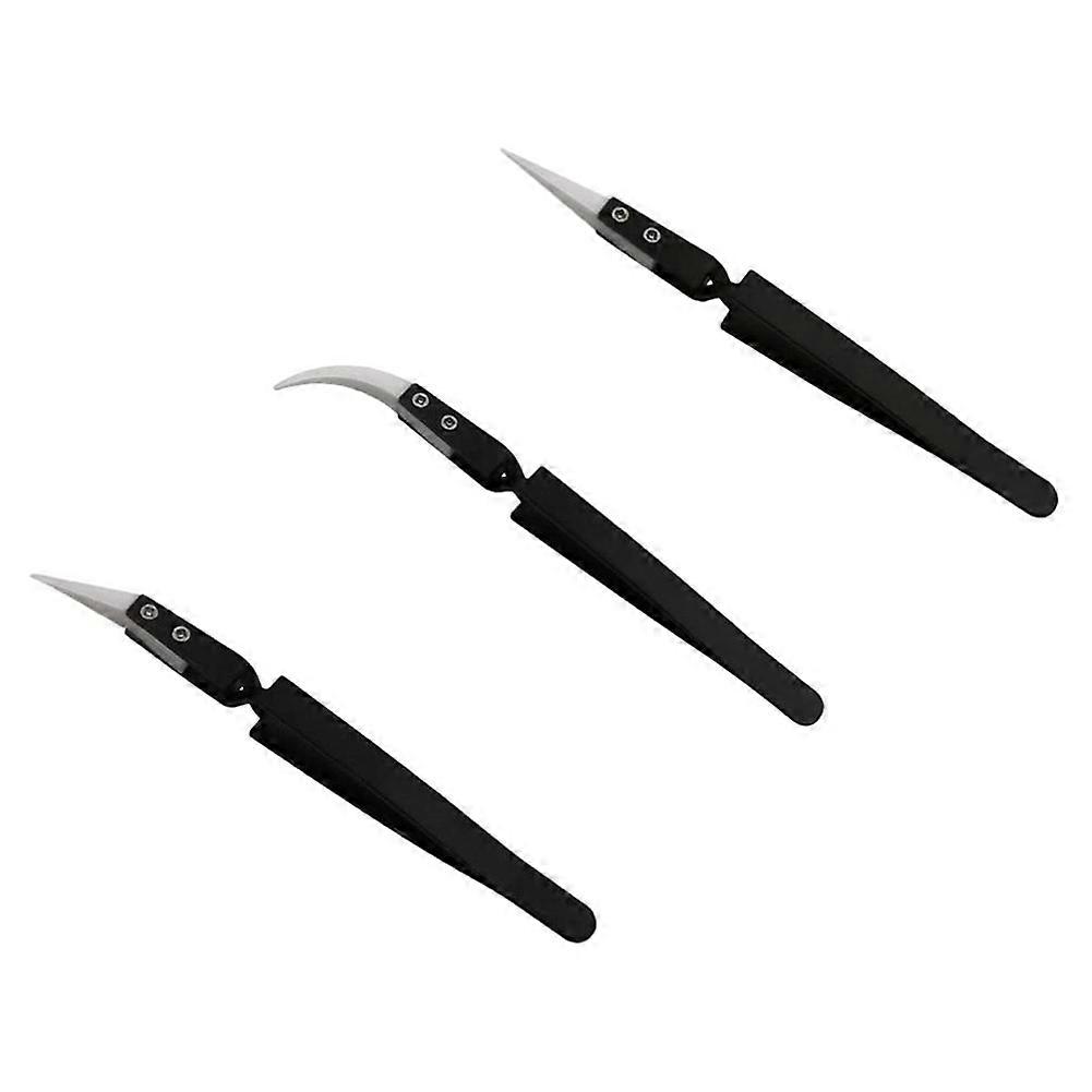 3Pcs Anti-Static Reverse Ceramic Tweezer Black