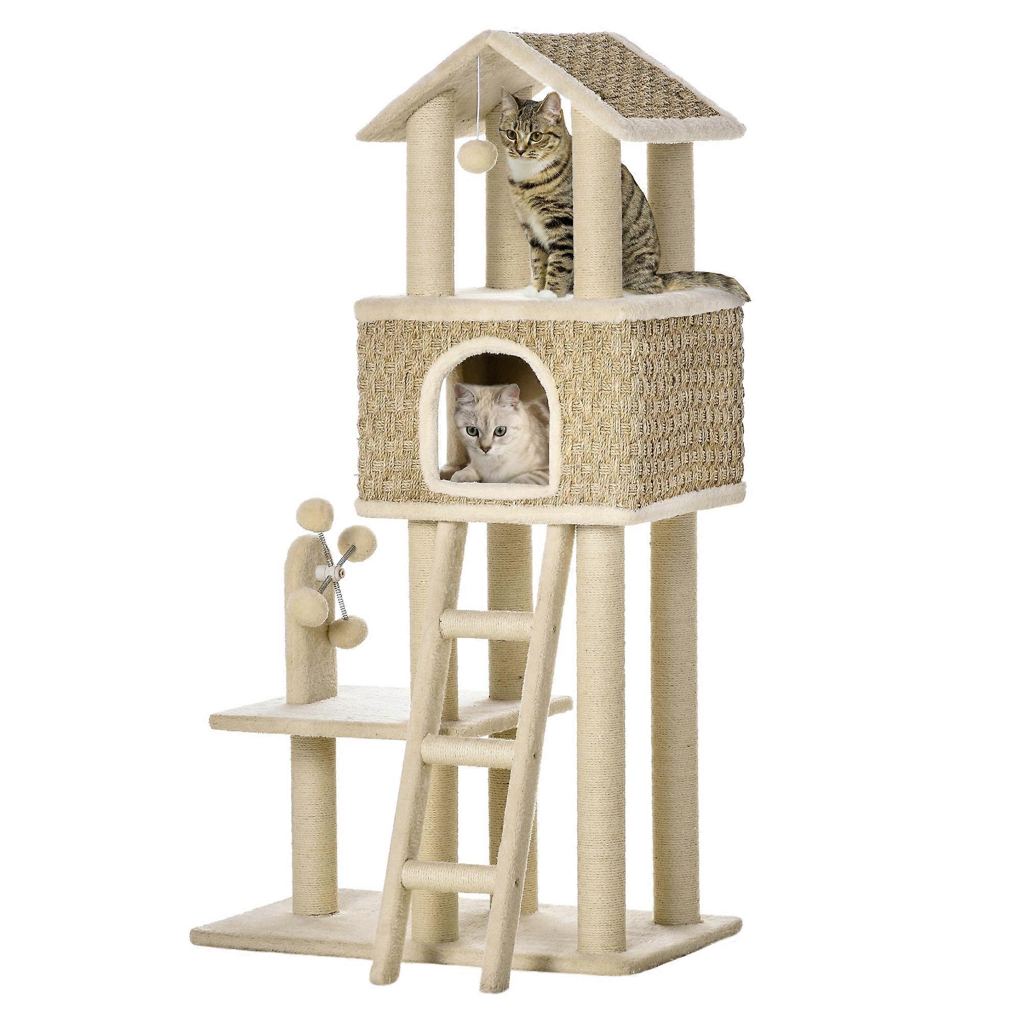 PawHut 130cm Cat Tree Cave Balls Jute Stems Khaki Beige