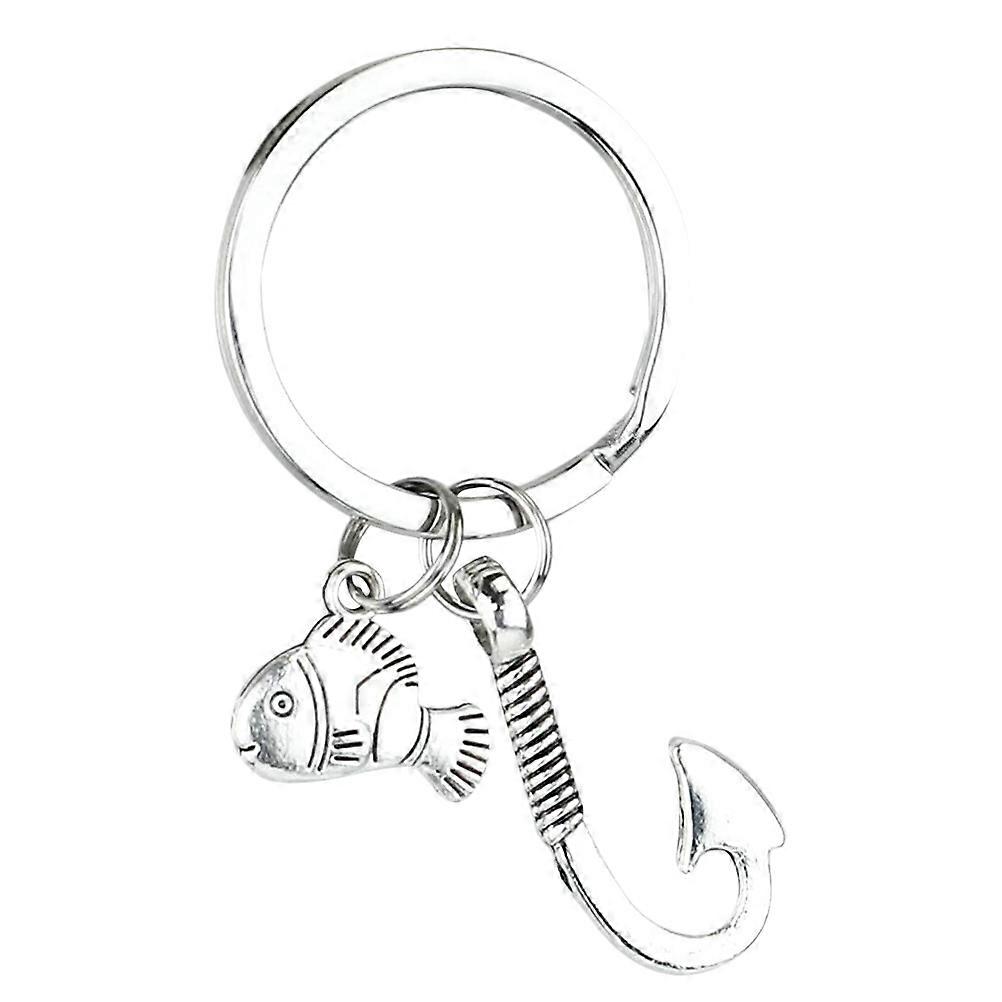 Fish Keychain Alloy Keyring for Decoration 2Pcs Silver Fishing Hooks