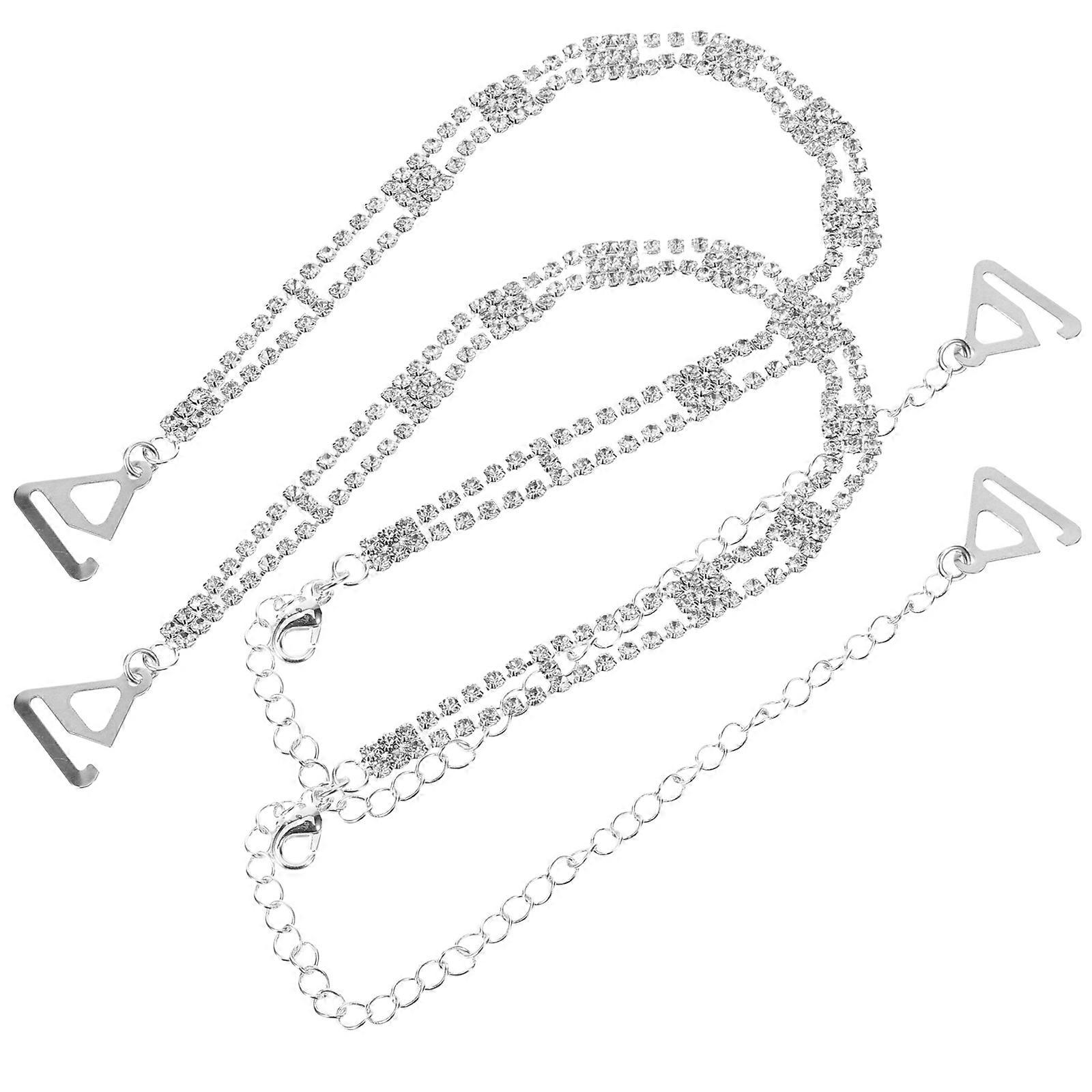 Metal Bra Chain Decorative Rhinestone Bra Straps Replacement 2Pairs Silver