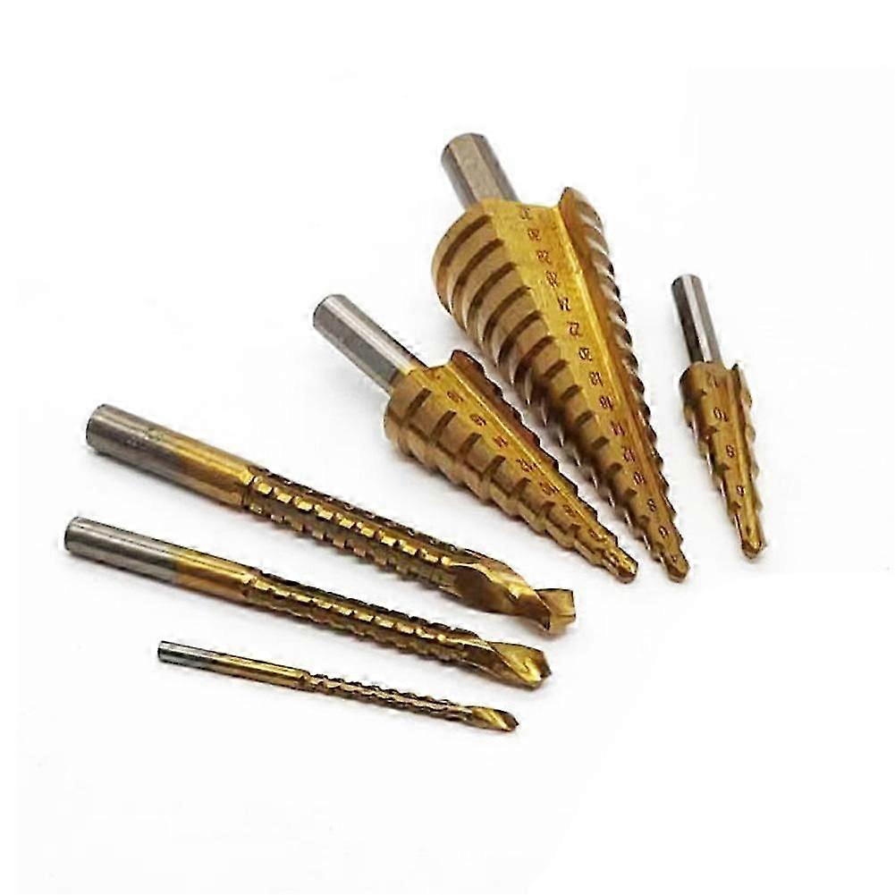 Hss Titanium Steel Step Bit Set, Triangular Handle, Straight Slot, Metal And Wood Holes, Drilling And Reaming, 6 Pieces/