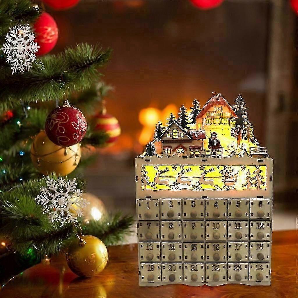 Christmas Wooden Advent Calendar LED Lighted Village House Countdown Drawer Box