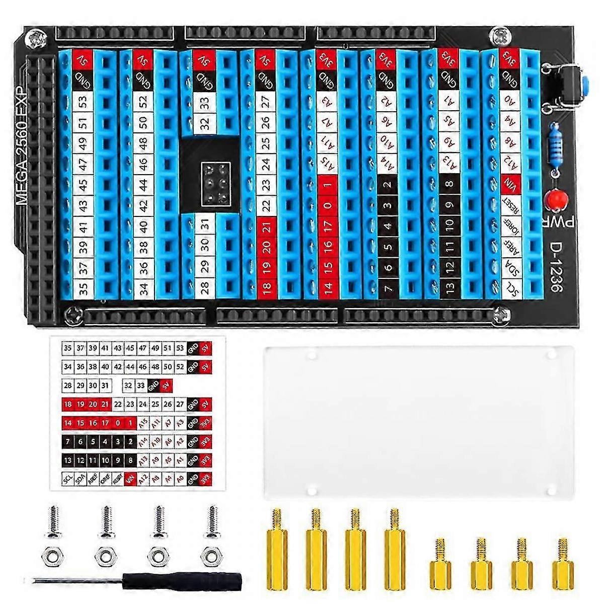 Screw Terminal Block Breakout Board HAT for Arduino MEGA 2560 R3 with Reset Button, LED Indicator, GPIO Expansion