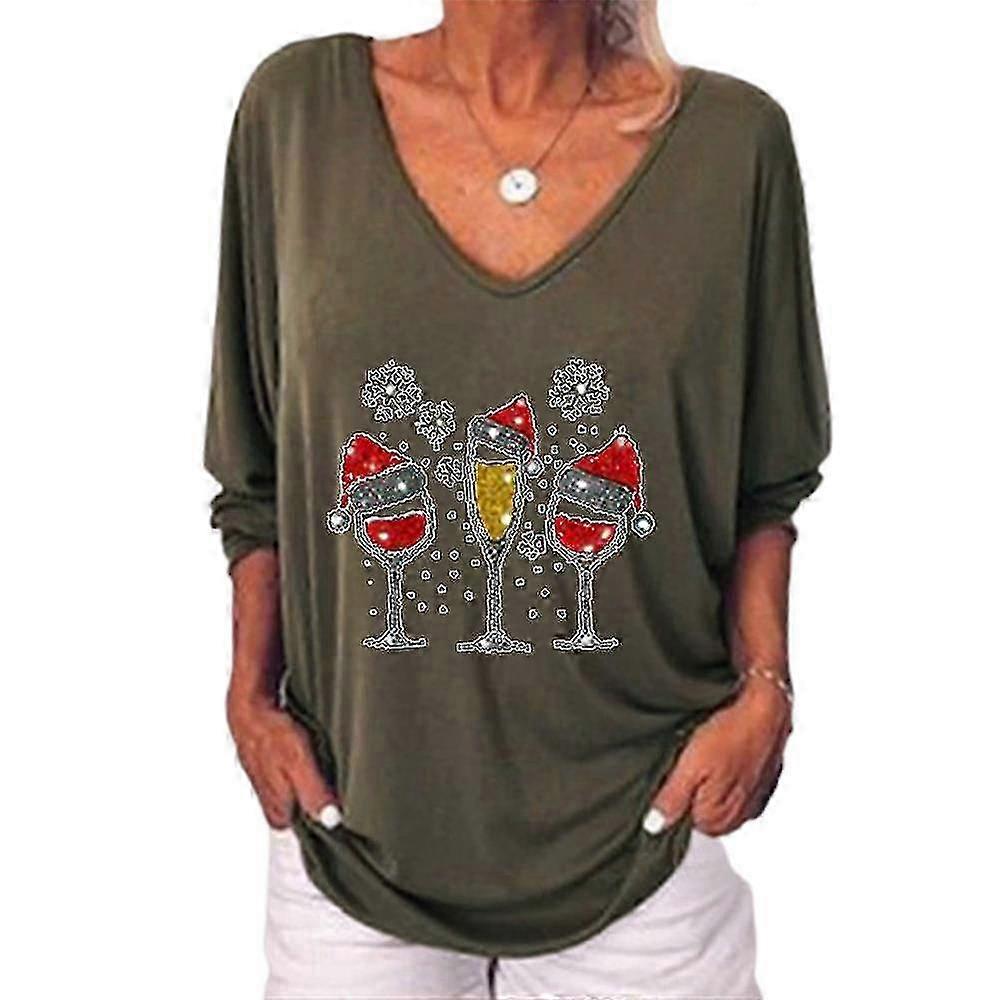 Christmas Printed Plus Size Women's Tunic Top V-Neck Button-Up Tee