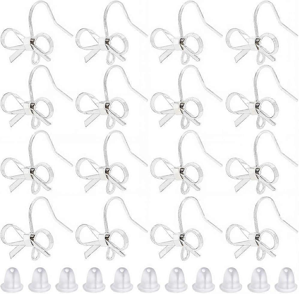 1 Box 28Pcs Bowknot Earring Findings Bulk Earring Hooks Silver Bowtie Shape Brass with Plastic Nuts and Loop Platinum Dangle Earrings Wires for Jewelr