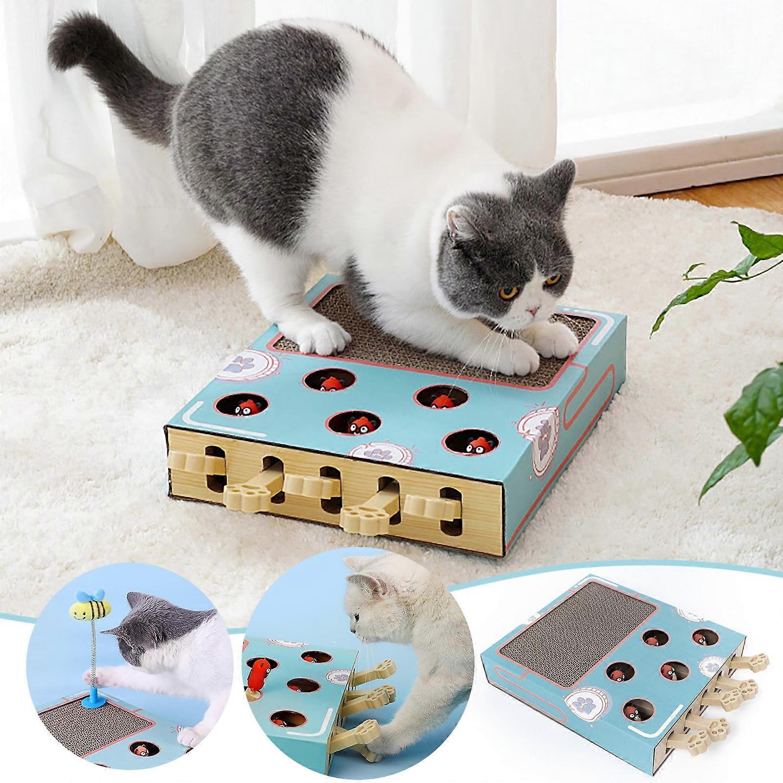 Cat Enrichment Toy with Scratch Pad & Cardboard Box, Interactive Whack-a-Mole Game to Relieve Boredom, Train IQ, Compatible with Indoor Cats