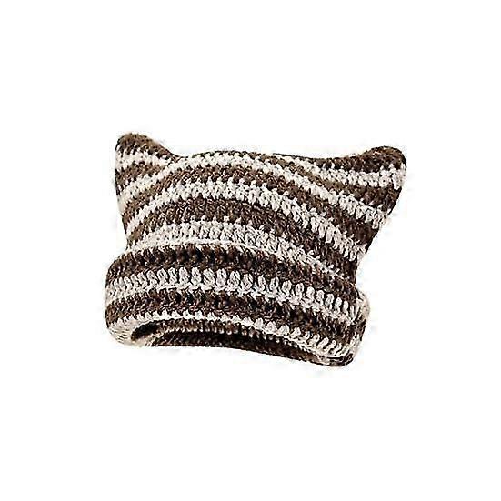 Striped Kitty Ears Beanie, Warm Knitted Winter Cap, High Elasticity Anti-slip