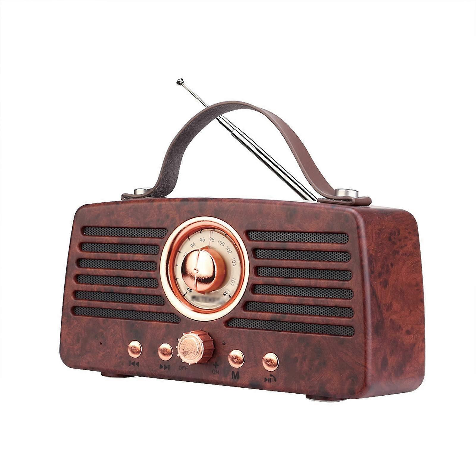 Vintage Bluetooth FM Radio with Leather Handle, USB/TF/AUX Support and Rechargeable Battery