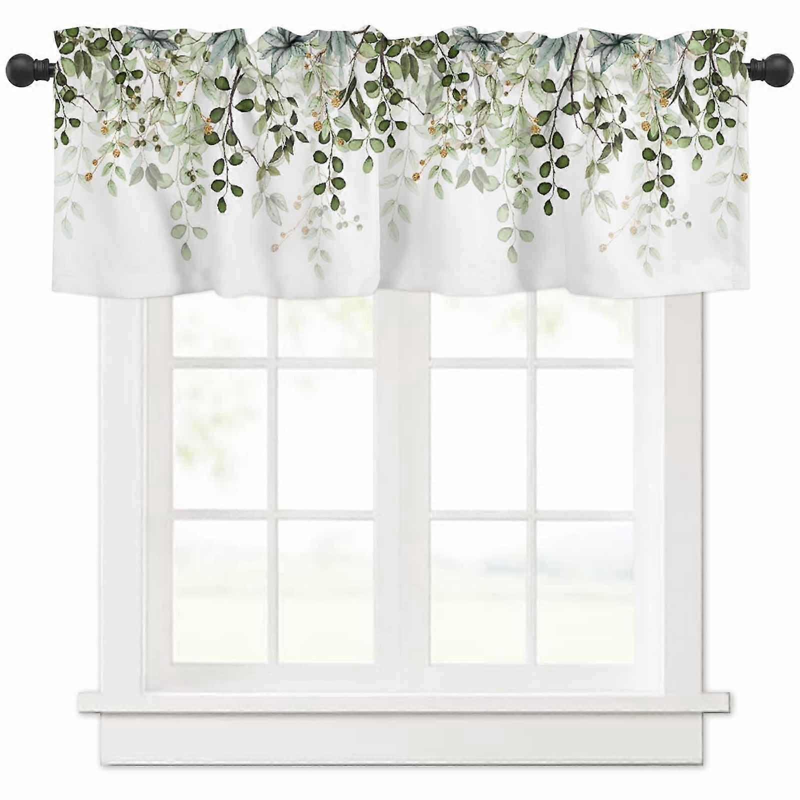 Spring Eucalyptus Leaves Window Valance 54x18 with Elegant Leaf Pattern Rod Pocket Kitchen Curtains