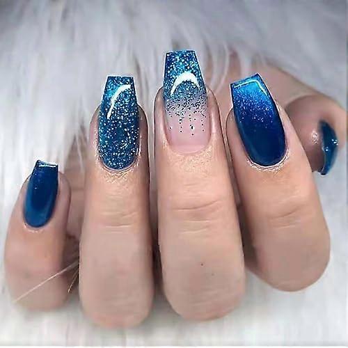 Medium Coffin Press on Nails Set Blue Glitter Gradient Full Cover Reusable 24pcs Manicure Kit