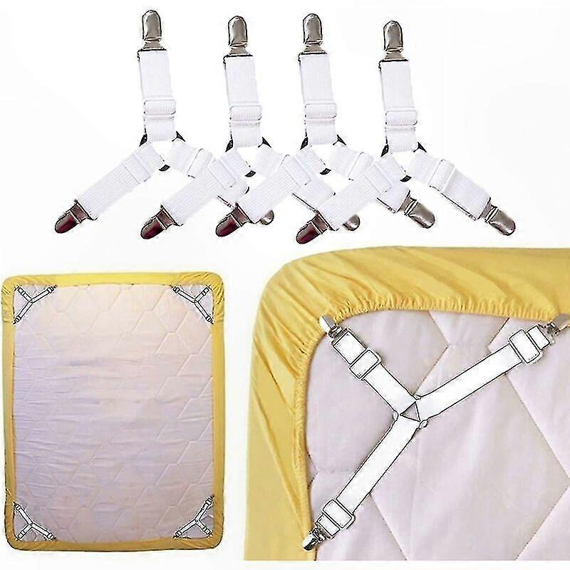 White Bed Sheet Holder Straps, 4 Pack Adjustable Elastic Clips for Mattress, Triangular Suspenders for Securing Sheets